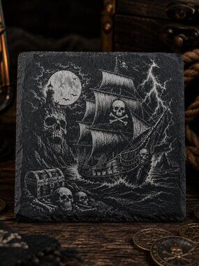 🏴‍☠️ Dark Pirate Ship Slate Coaster- Set of 2